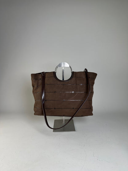 Vintage Courreges Suede Leather Trim Tote Brown Silver