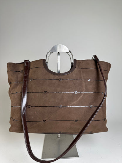 Vintage Courreges Suede Leather Trim Tote Brown Silver