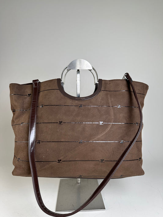 Vintage Courreges Suede Leather Trim Tote Brown Silver