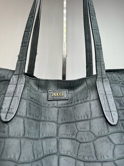 Vintage Emilio Pucci Crocodile Emblossed Leather Tote Bag Black