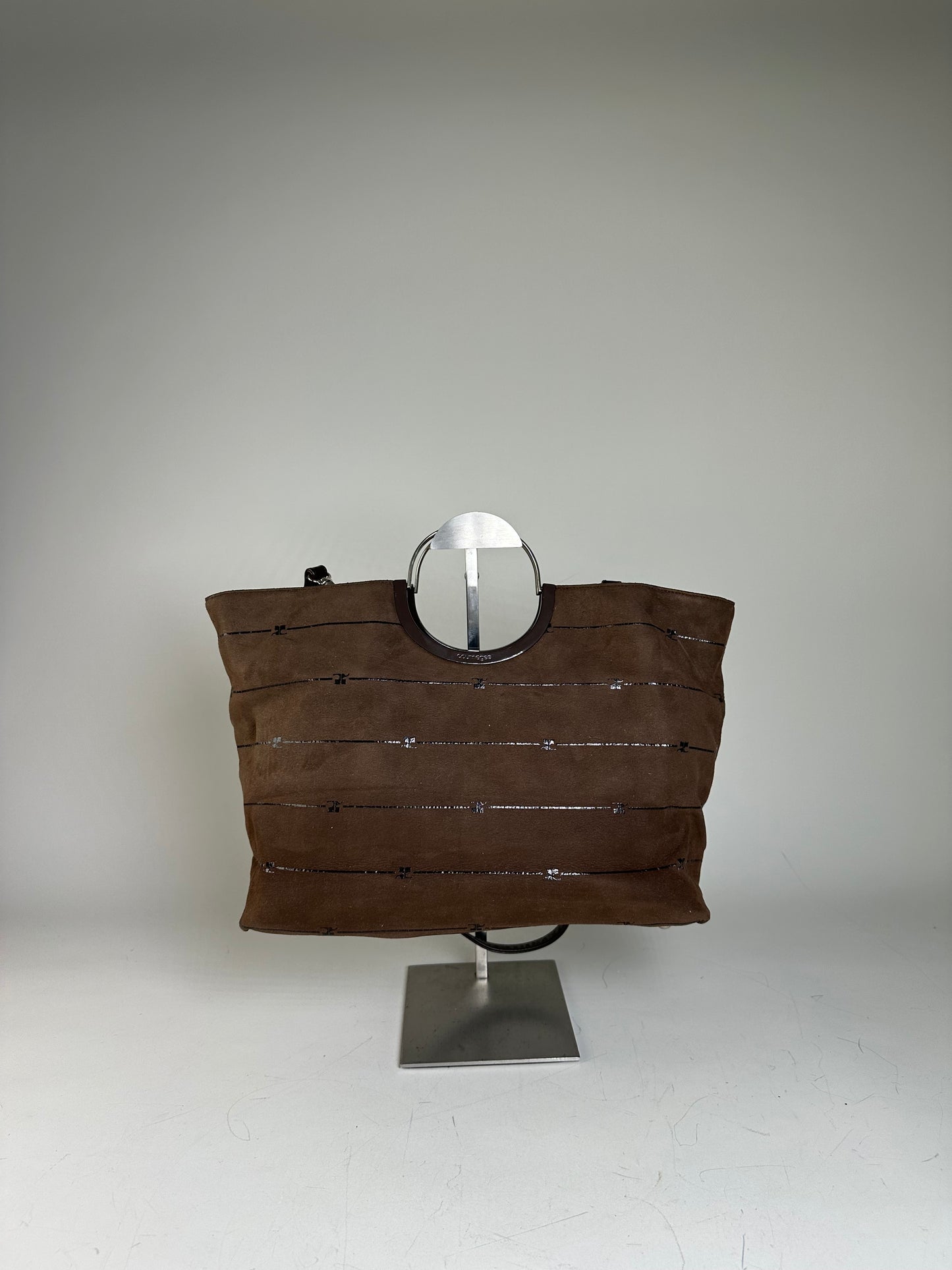 Vintage Courreges Suede Leather Trim Tote Brown Silver