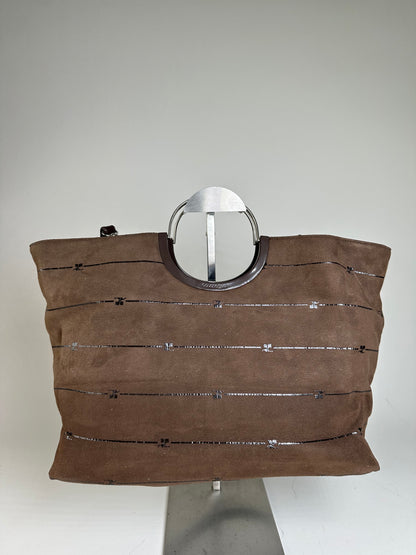Vintage Courreges Suede Leather Trim Tote Brown Silver