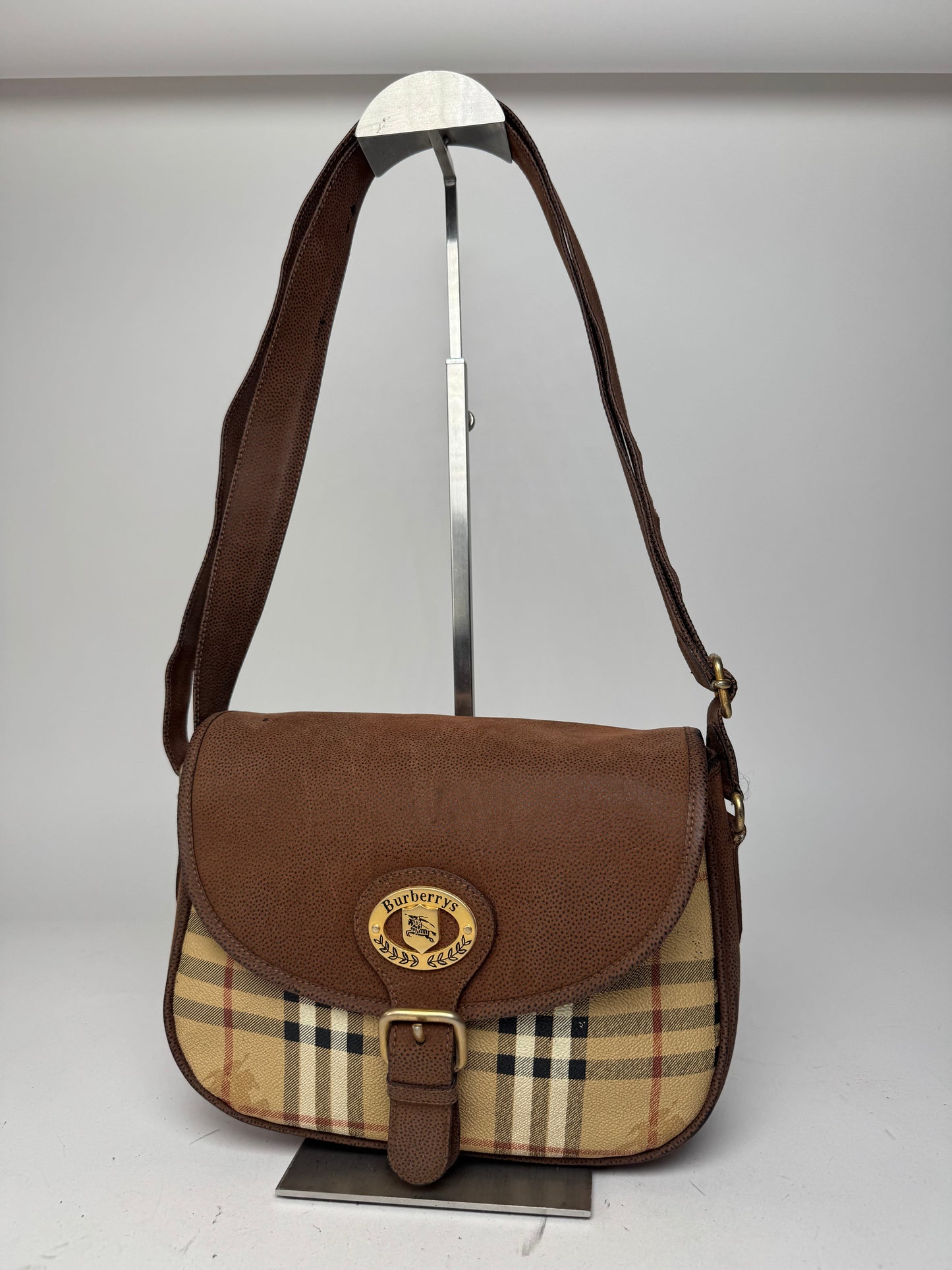 Vintage Burberry 2Way Nova Check Leather Bag Beige Brown