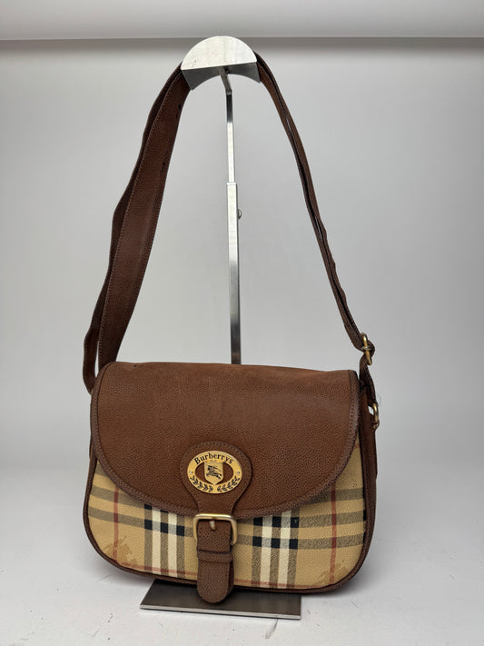 Vintage Burberry 2Way Nova Check Leather Bag Beige Brown