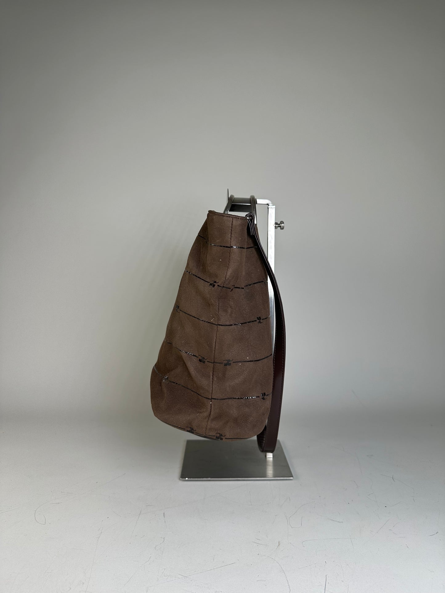 Vintage Courreges Suede Leather Trim Tote Brown Silver