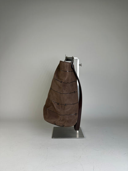 Vintage Courreges Suede Leather Trim Tote Brown Silver