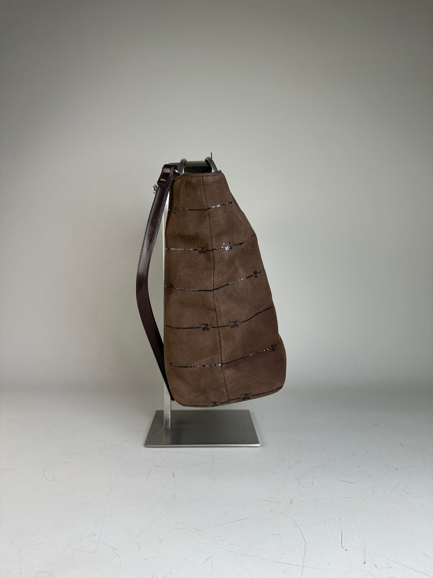 Vintage Courreges Suede Leather Trim Tote Brown Silver