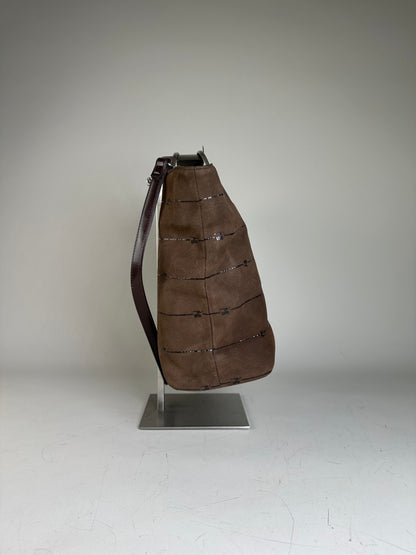 Vintage Courreges Suede Leather Trim Tote Brown Silver