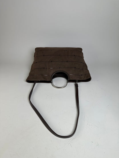 Vintage Courreges Suede Leather Trim Tote Brown Silver