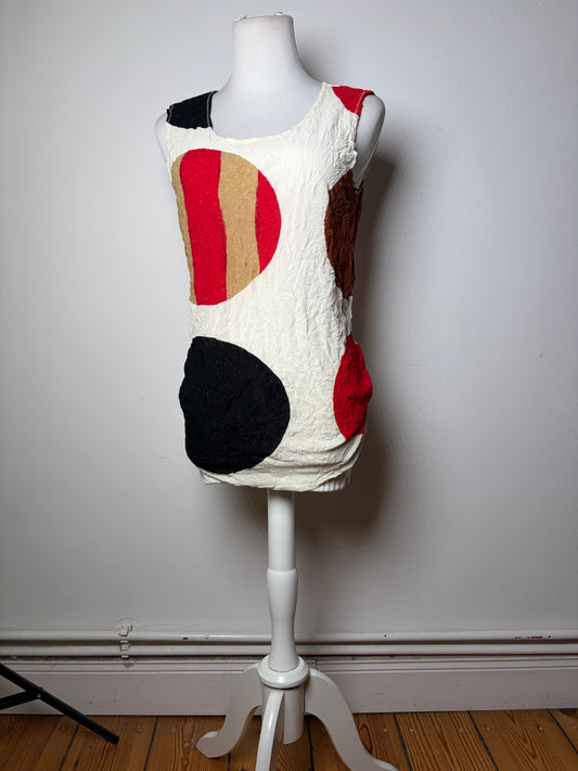Vintage Issey Miyake Crinkled Sleeveless Top Cream Red Brown L