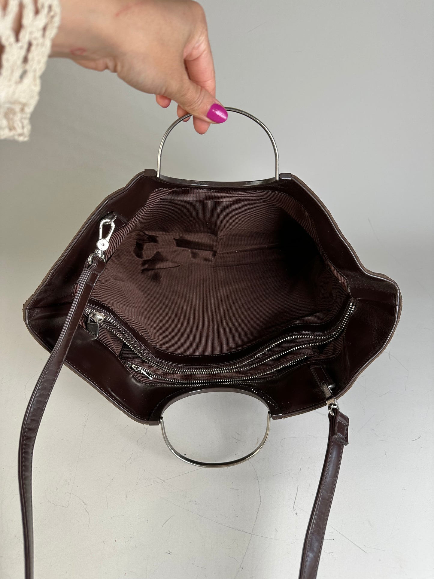Vintage Courreges Suede Leather Trim Tote Brown Silver