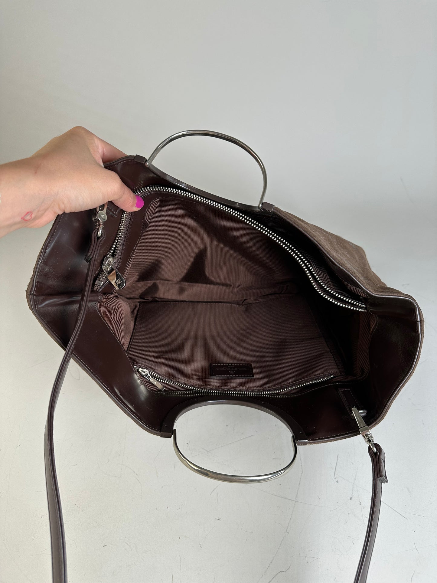 Vintage Courreges Suede Leather Trim Tote Brown Silver
