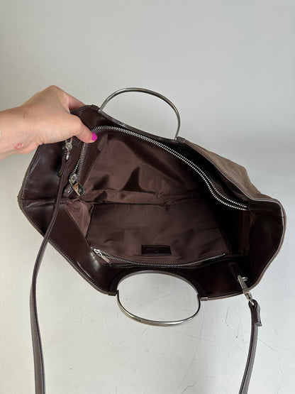 Vintage Courreges Suede Leather Trim Tote Brown Silver