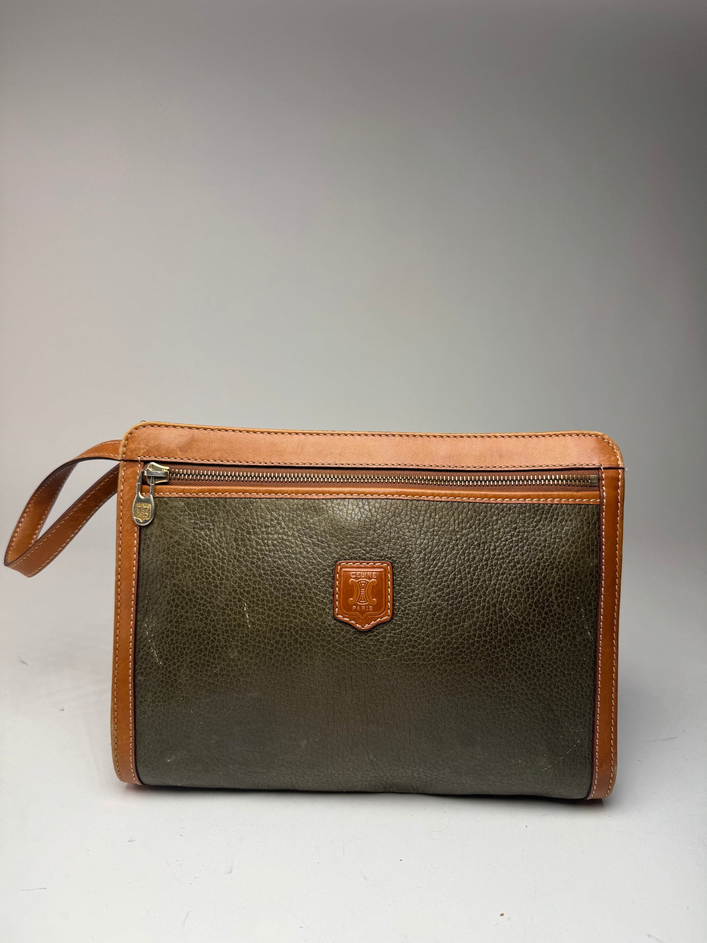 Pochette vintage en cuir Celine Paris marron vert