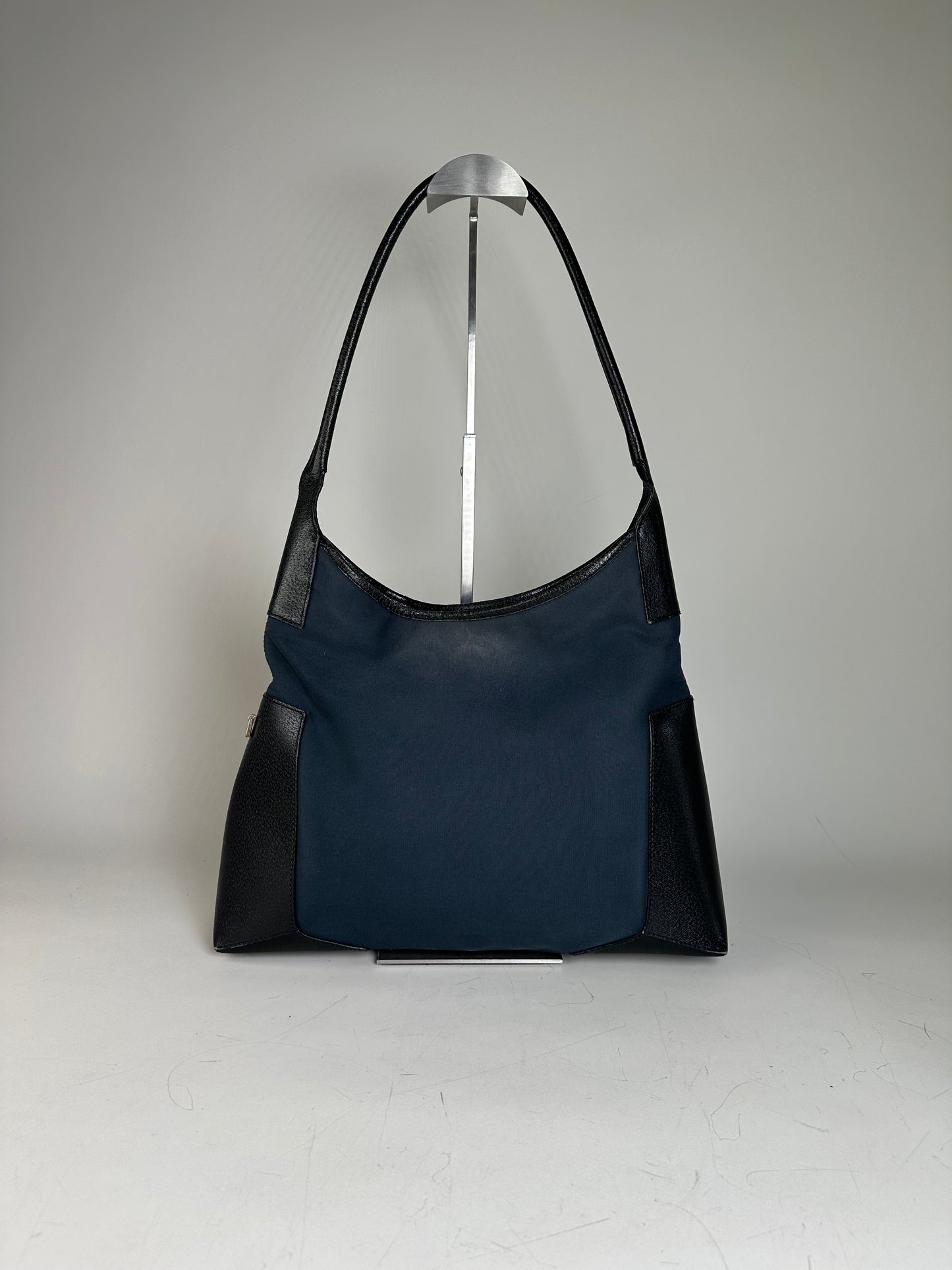Vintage Ferragamo Canvas Shoulder Bag Navy Black Silver