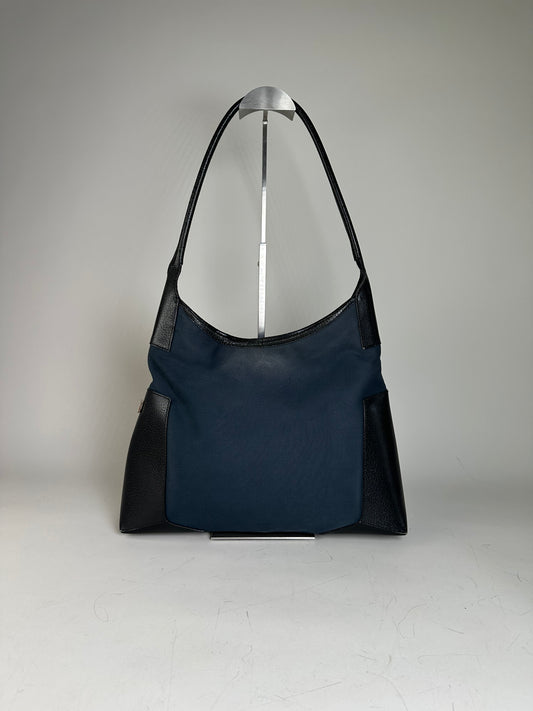 Vintage Ferragamo Canvas Shoulder Bag Navy Black Silver