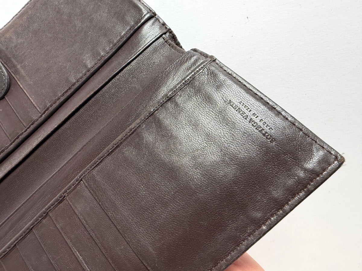 Vintage Bottega Veneta Intrecciato Woven Bifold Wallet Dark Brown