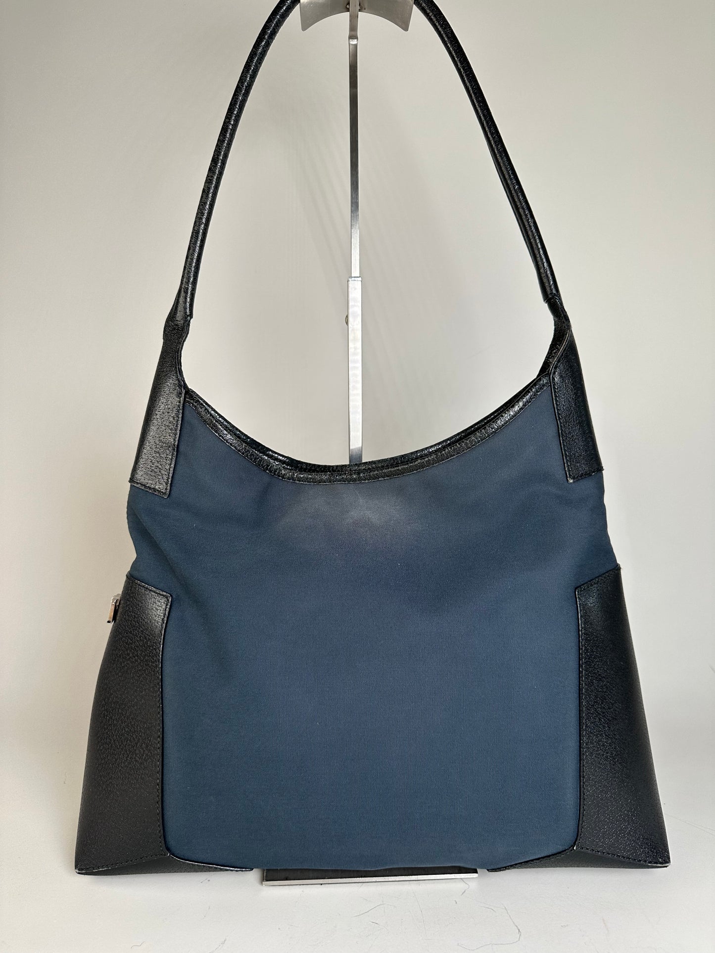 Vintage Ferragamo Canvas Shoulder Bag Navy Black Silver