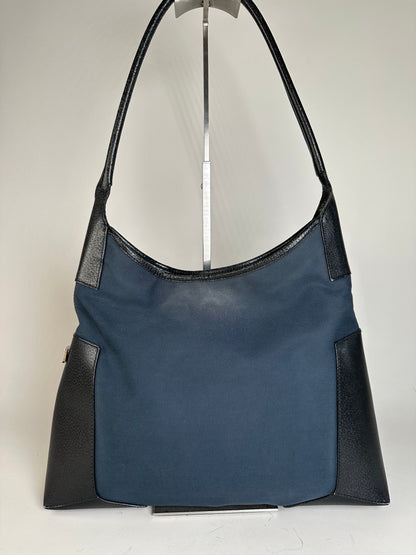 Vintage Ferragamo Canvas Shoulder Bag Navy Black Silver