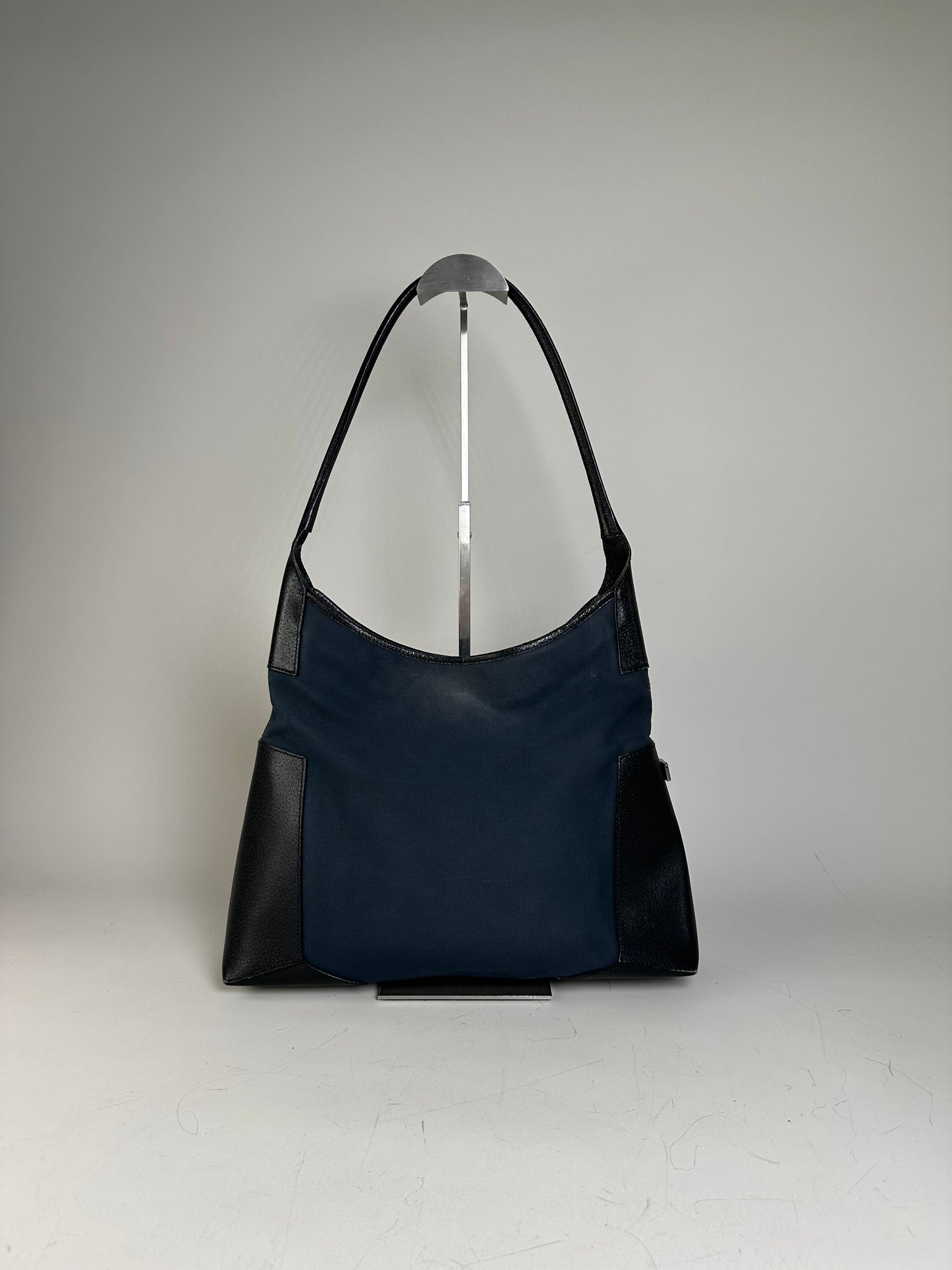 Vintage Ferragamo Canvas Shoulder Bag Navy Black Silver