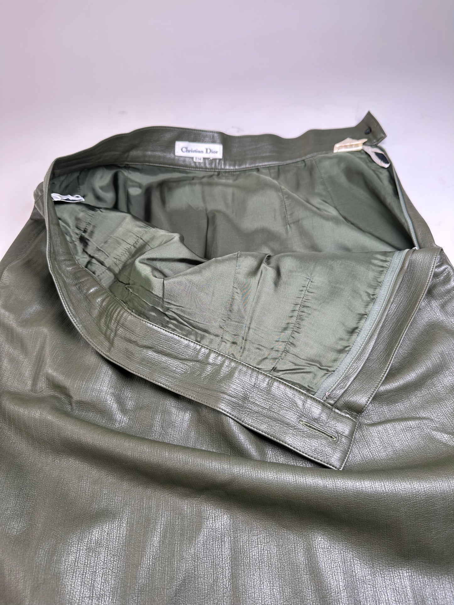 Vintage Dior Leather Skirt Olive Green
