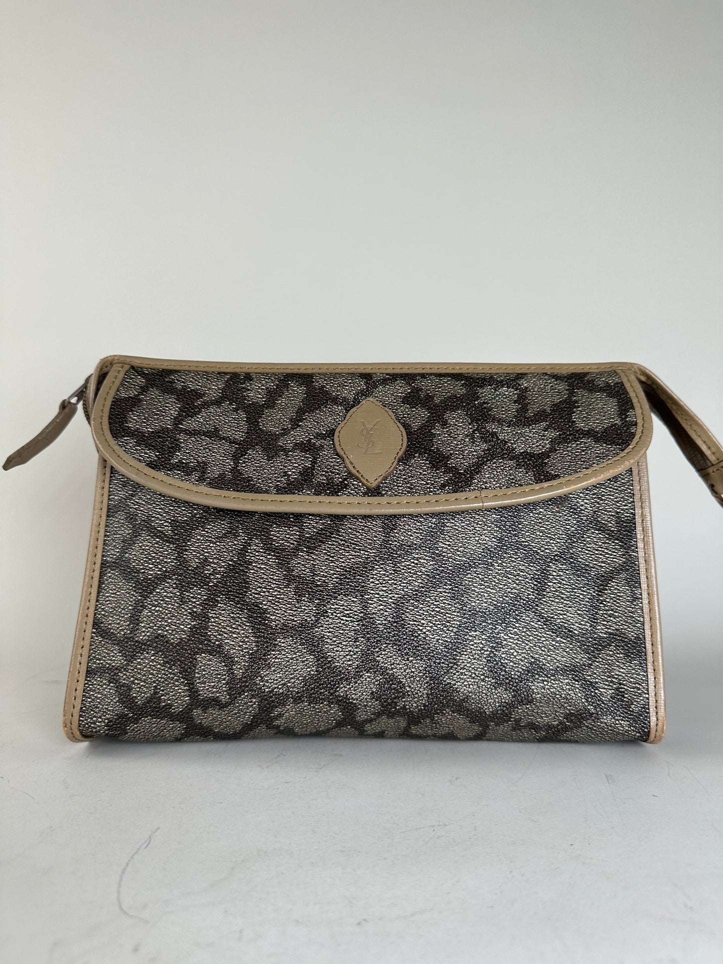 Vintage Saint Laurent Textured Canvas Clutch Bag Grey Beige