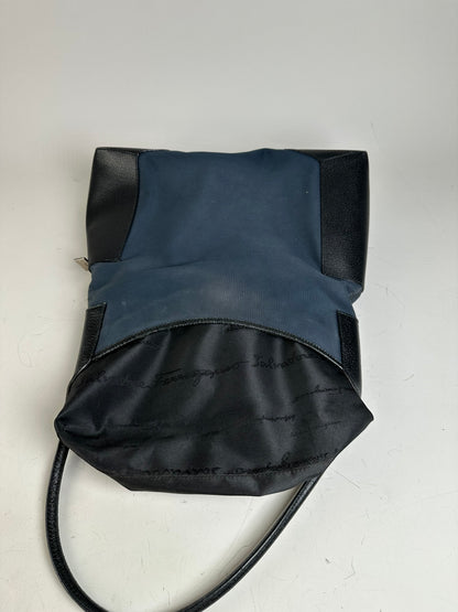 Vintage Ferragamo Canvas Shoulder Bag Navy Black Silver