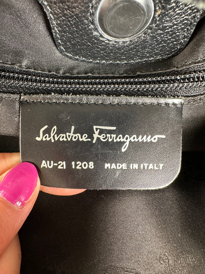 Vintage Ferragamo Canvas Shoulder Bag Navy Black Silver