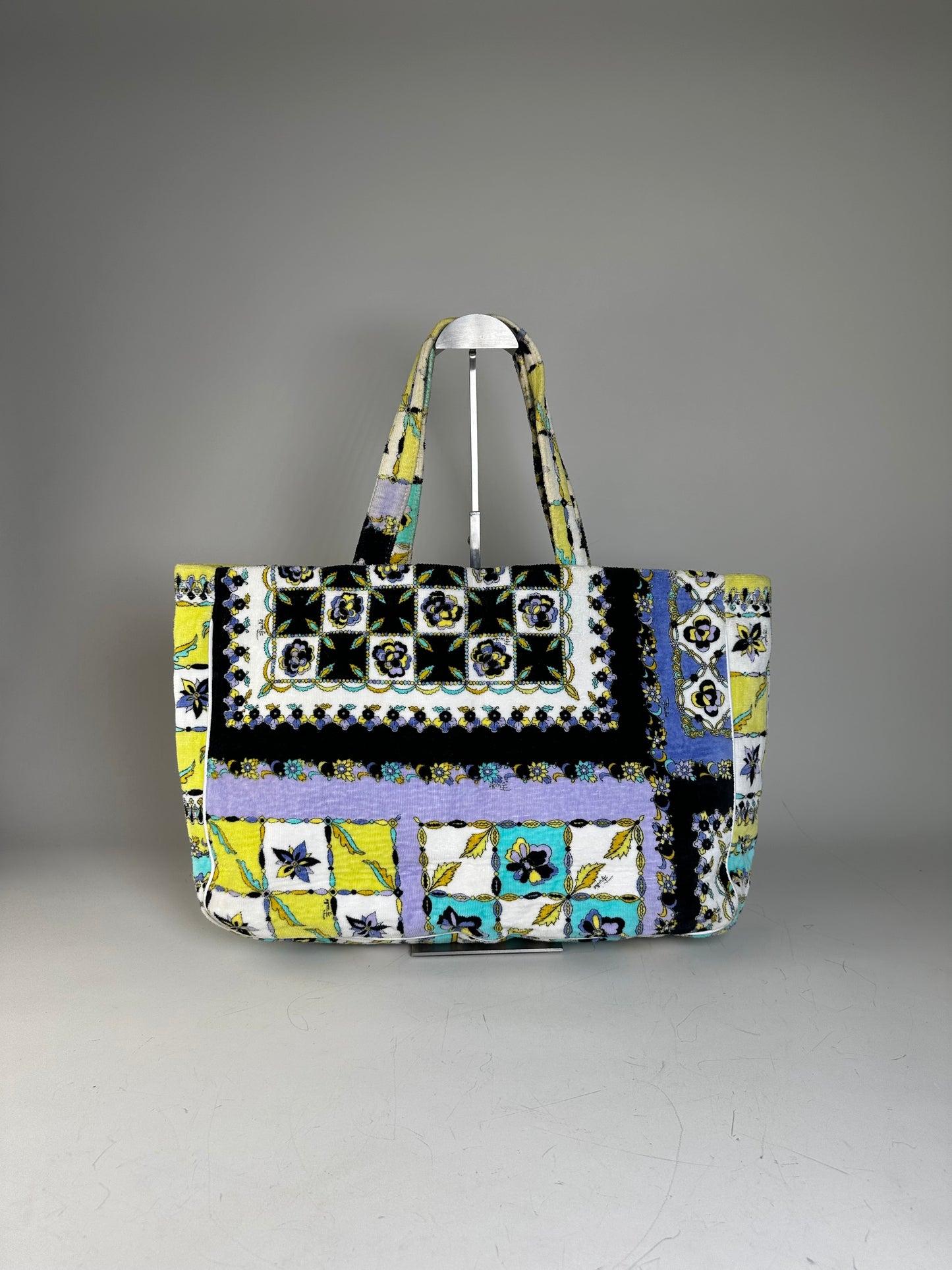 Vintage Pucci Floral Print Fabric Tote Yellow Blue Black