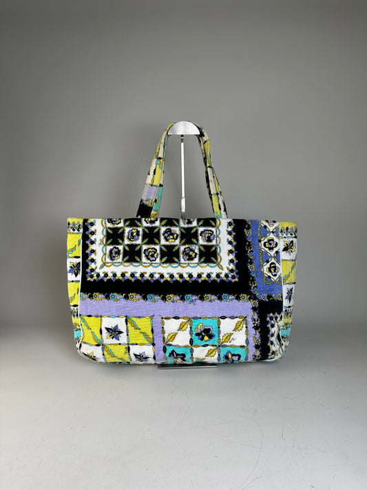 Vintage Pucci Floral Print Fabric Tote Yellow Blue Black