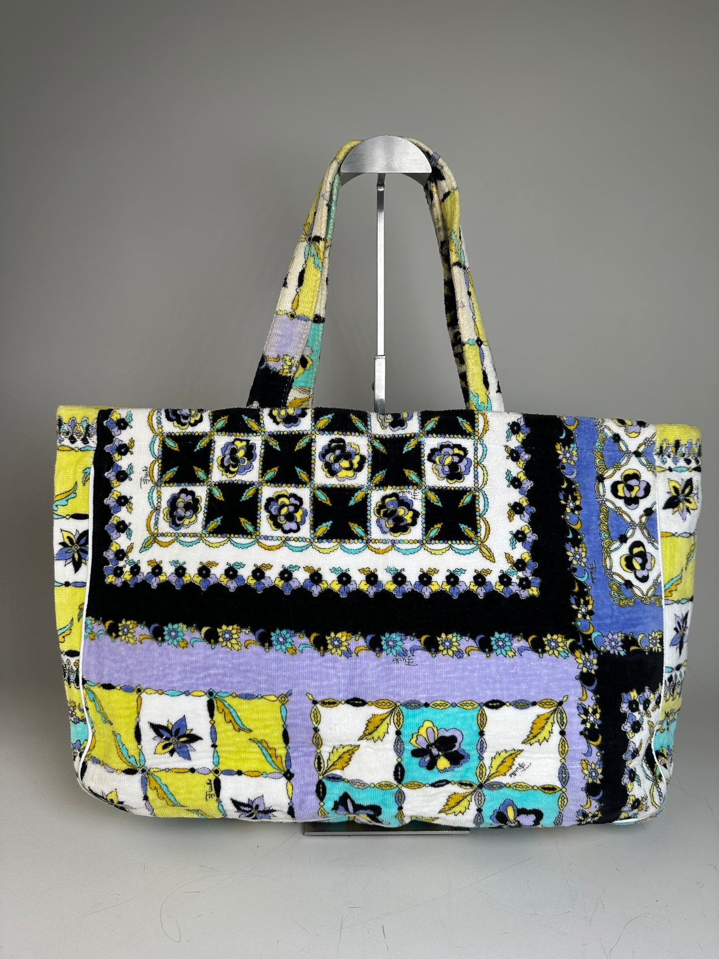 Vintage Pucci Floral Print Fabric Tote Yellow Blue Black