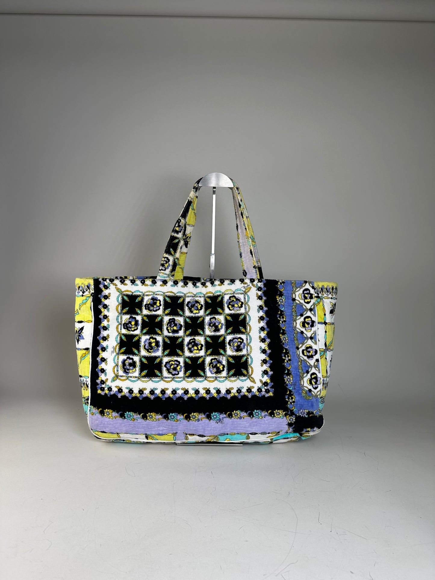 Vintage Pucci Floral Print Fabric Tote Yellow Blue Black