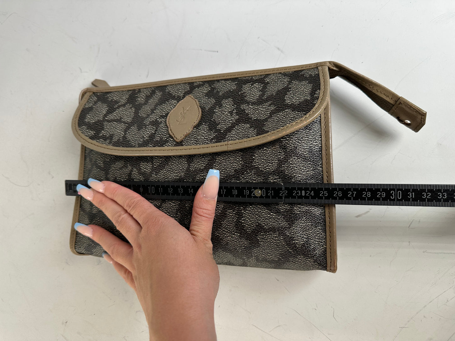Vintage Saint Laurent Textured Canvas Clutch Bag Grey Beige