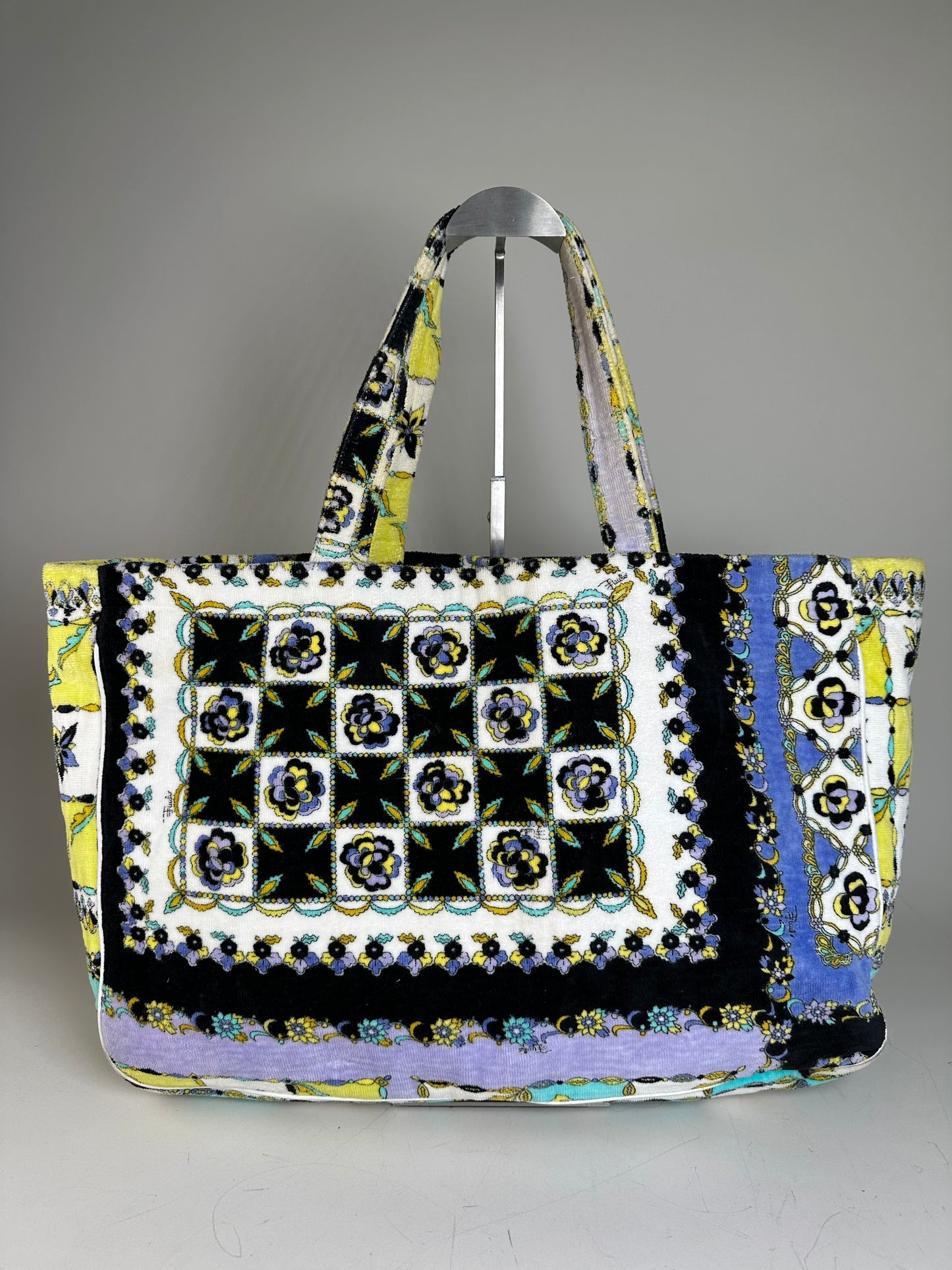 Vintage Pucci Floral Print Fabric Tote Yellow Blue Black