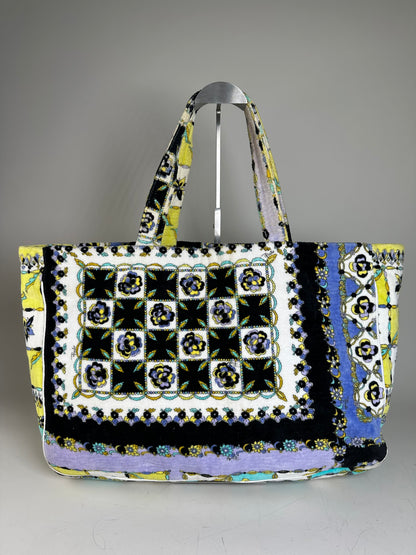 Vintage Pucci Floral Print Fabric Tote Yellow Blue Black