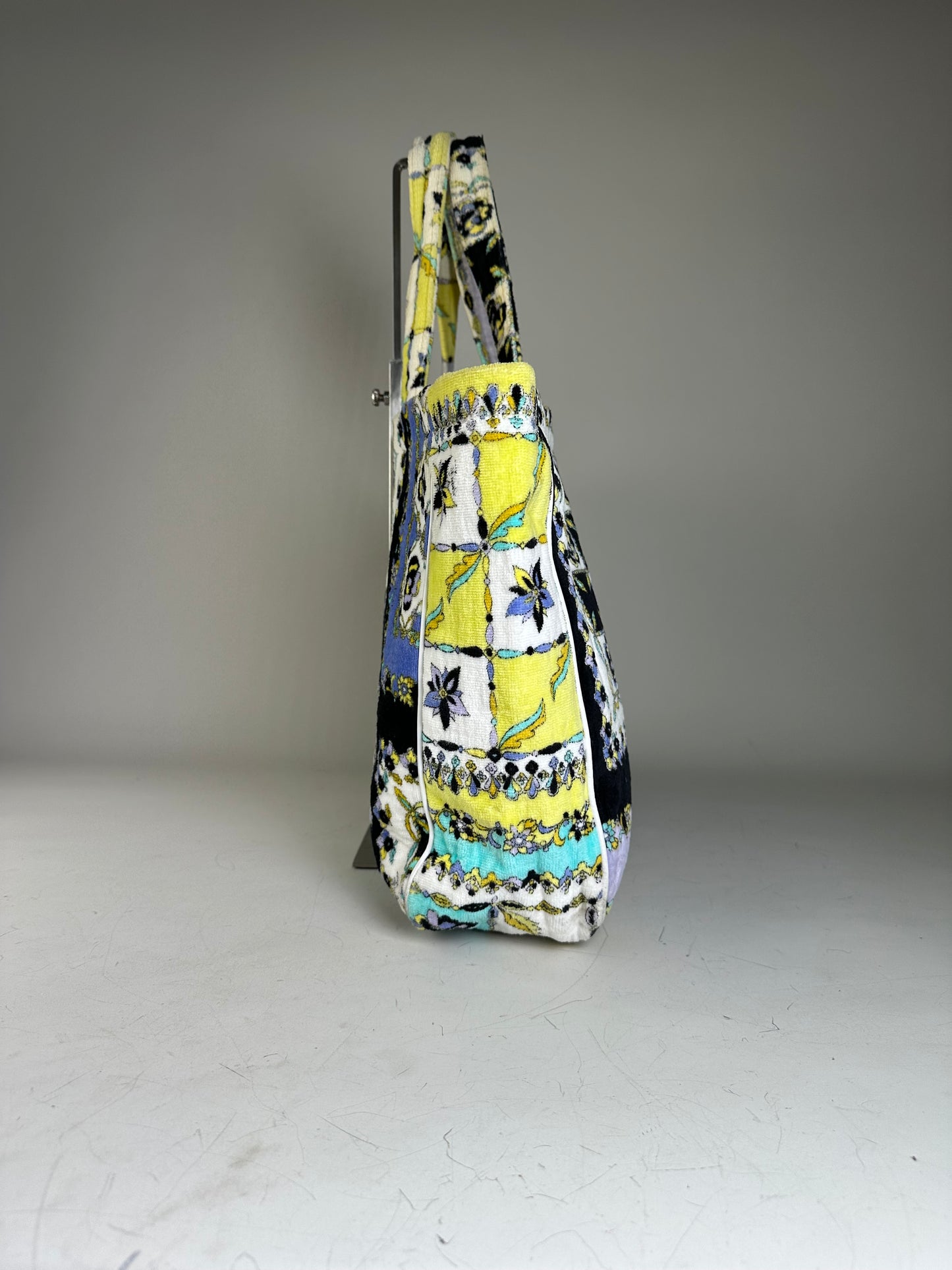 Vintage Pucci Floral Print Fabric Tote Yellow Blue Black
