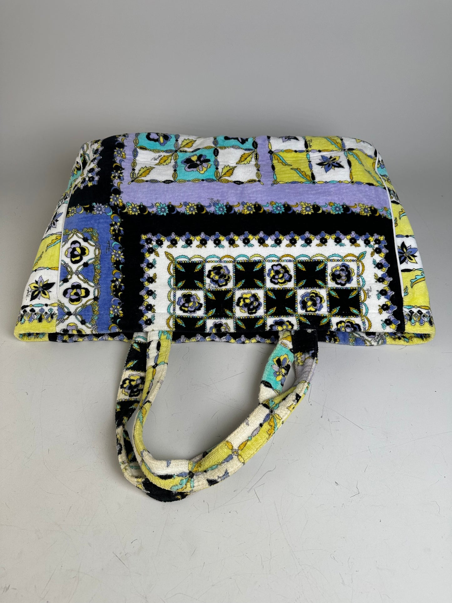 Vintage Pucci Floral Print Fabric Tote Yellow Blue Black