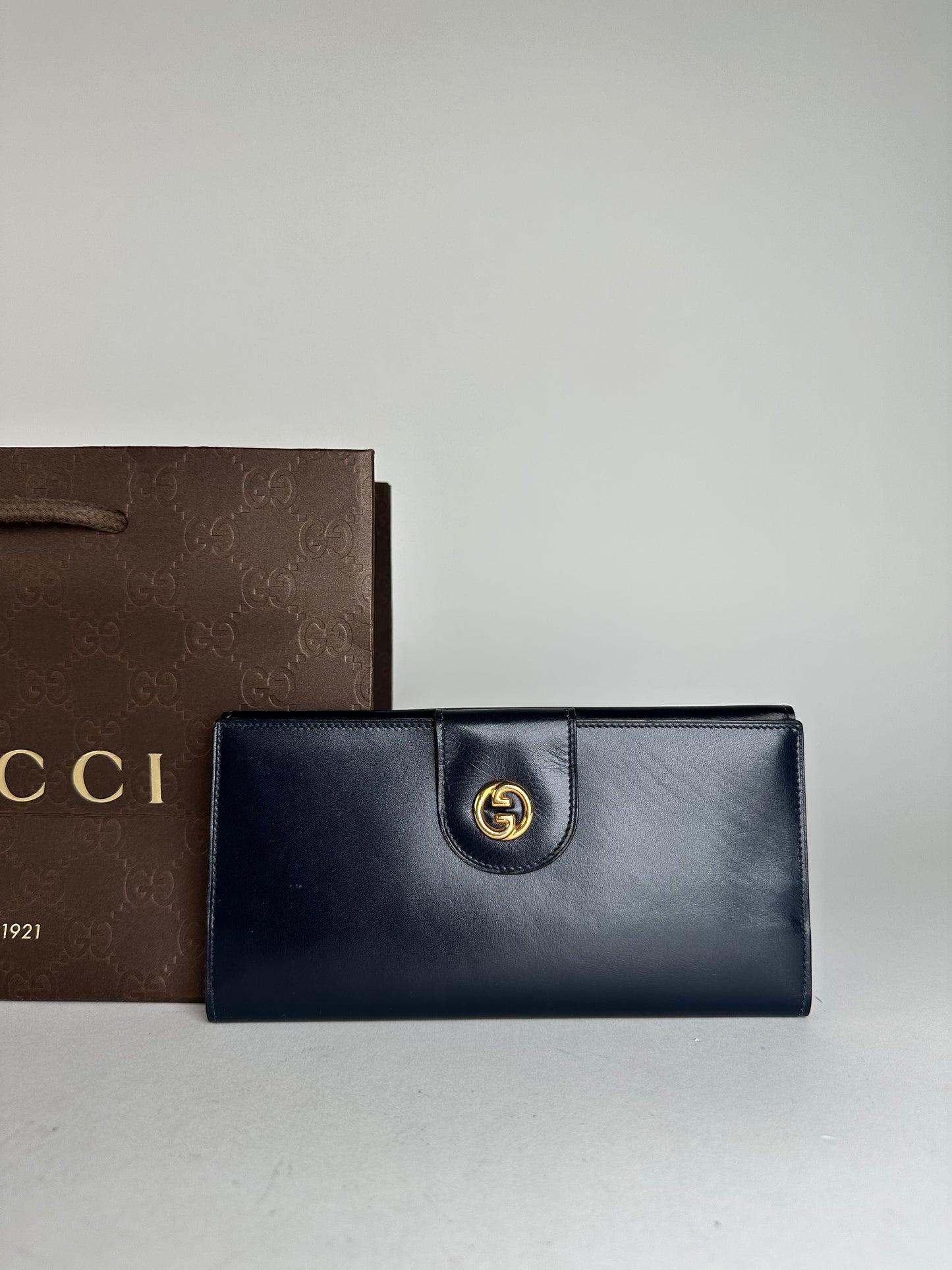 Vintage Gucci Long Wallet Navy Leather