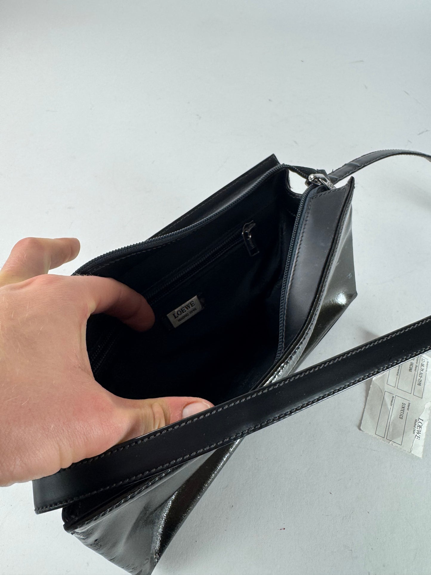 Vintage Loewe Madrid Patent Leather Shoulder Bag Black Dark-Green