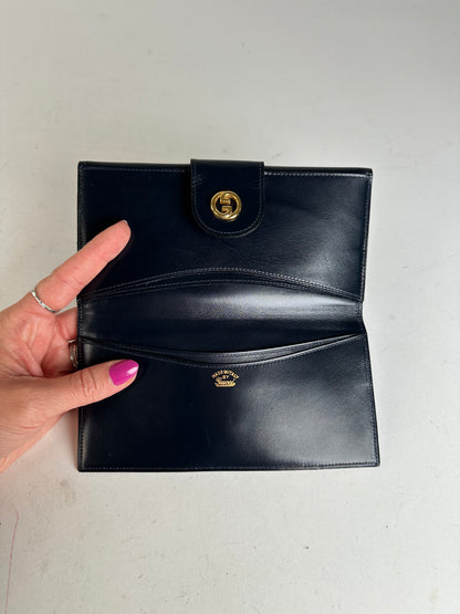 Vintage Gucci Long Wallet Navy Leather