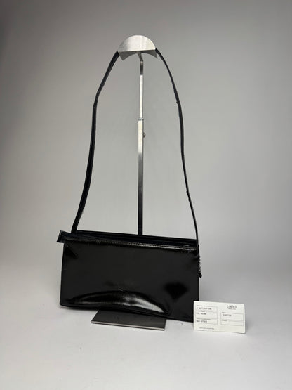 Vintage Loewe Madrid Patent Leather Shoulder Bag Black Dark-Green