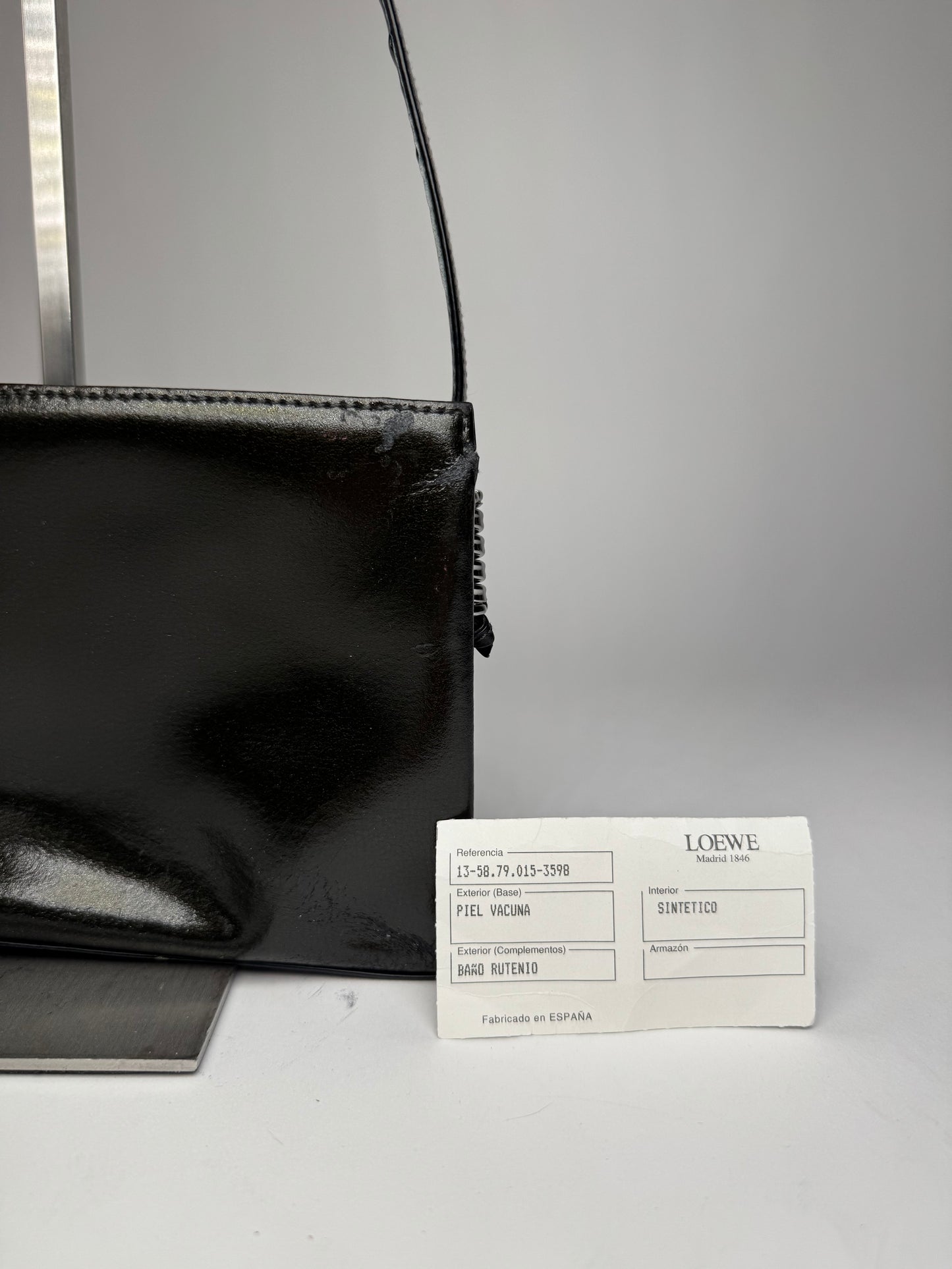 Vintage Loewe Madrid Patent Leather Shoulder Bag Black Dark-Green
