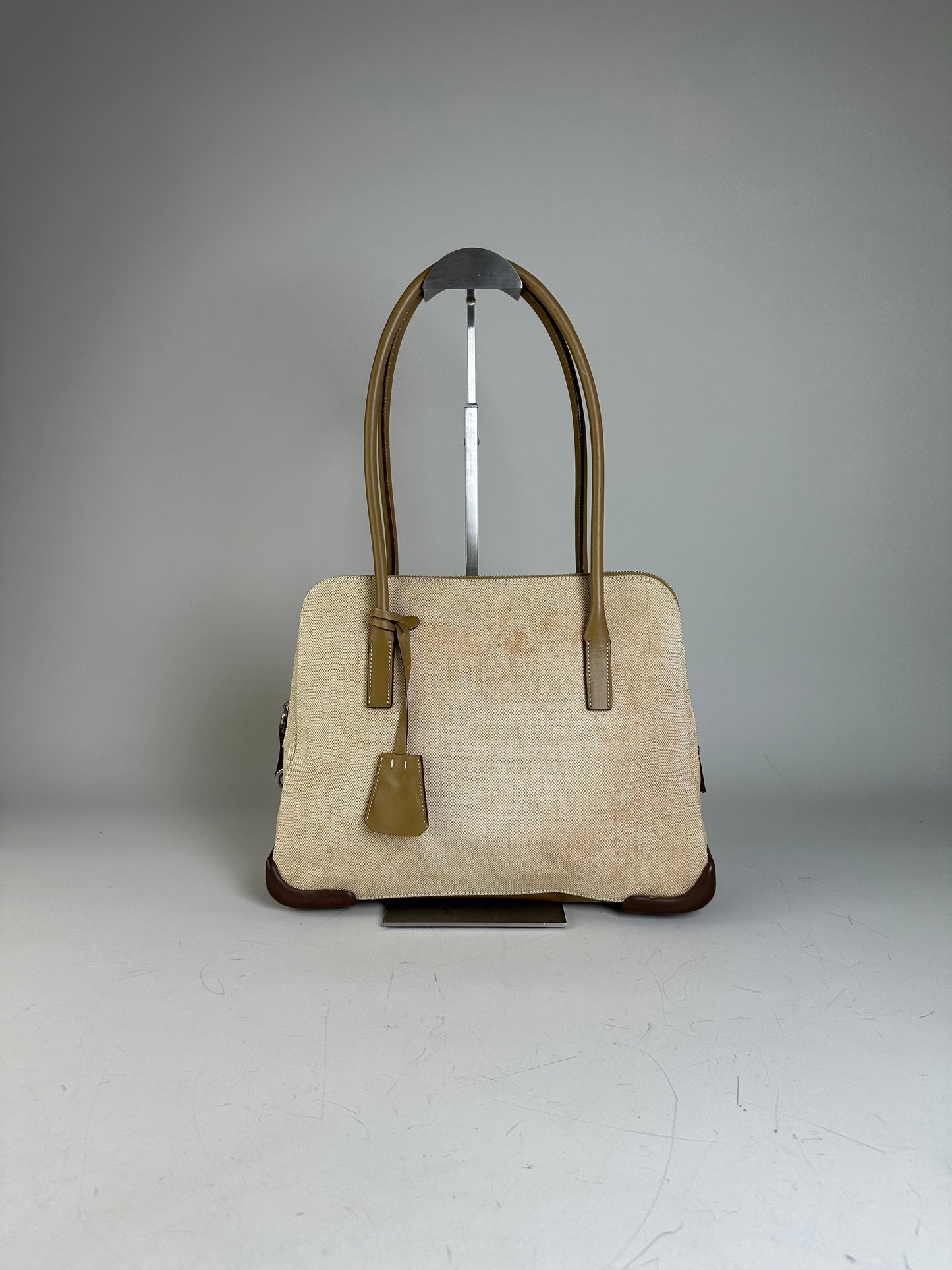 Vintage Prada Canvas Leather Trim Tote Beige Brown