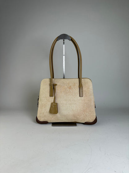Vintage Prada Canvas Leather Trim Tote Beige Brown