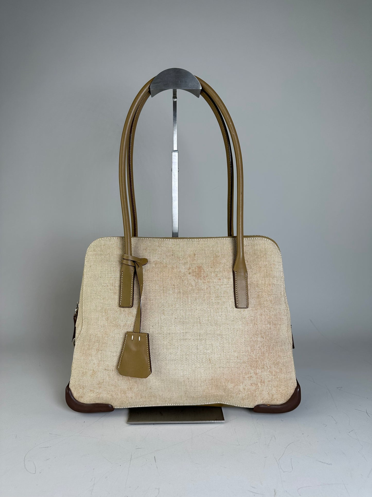 Vintage Prada Canvas Leather Trim Tote Beige Brown