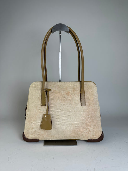 Vintage Prada Canvas Leather Trim Tote Beige Brown