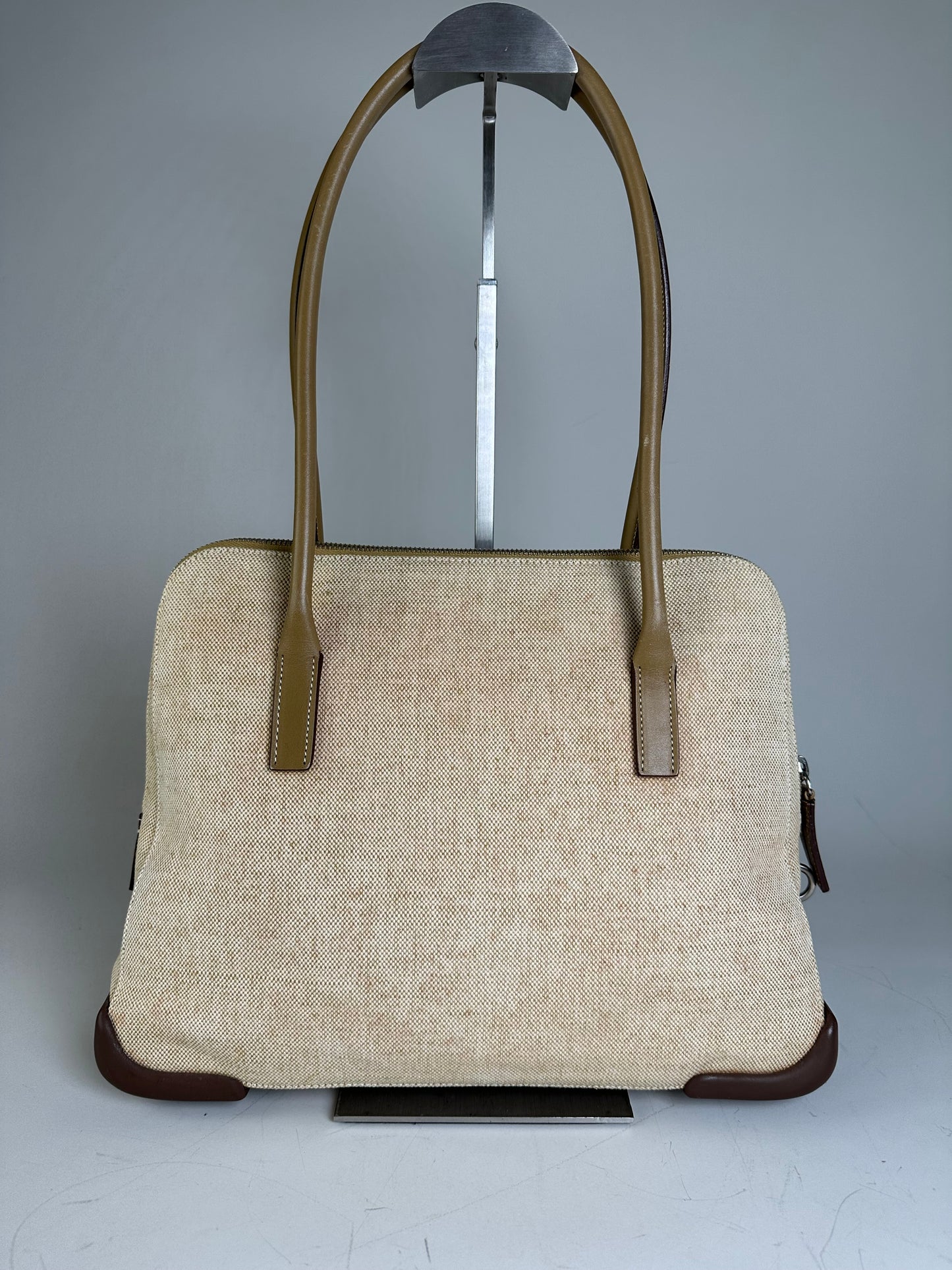 Vintage Prada Canvas Leather Trim Tote Beige Brown
