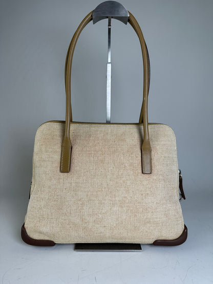 Vintage Prada Canvas Leather Trim Tote Beige Brown