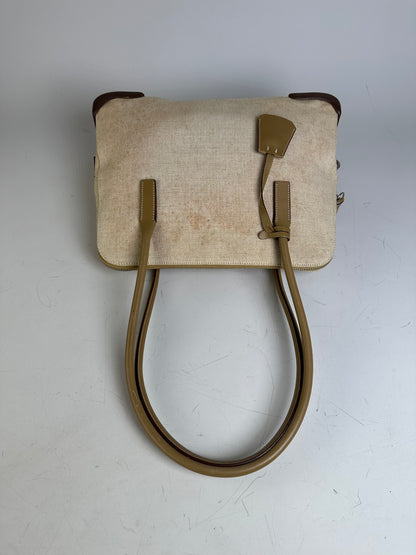 Vintage Prada Canvas Leather Trim Tote Beige Brown