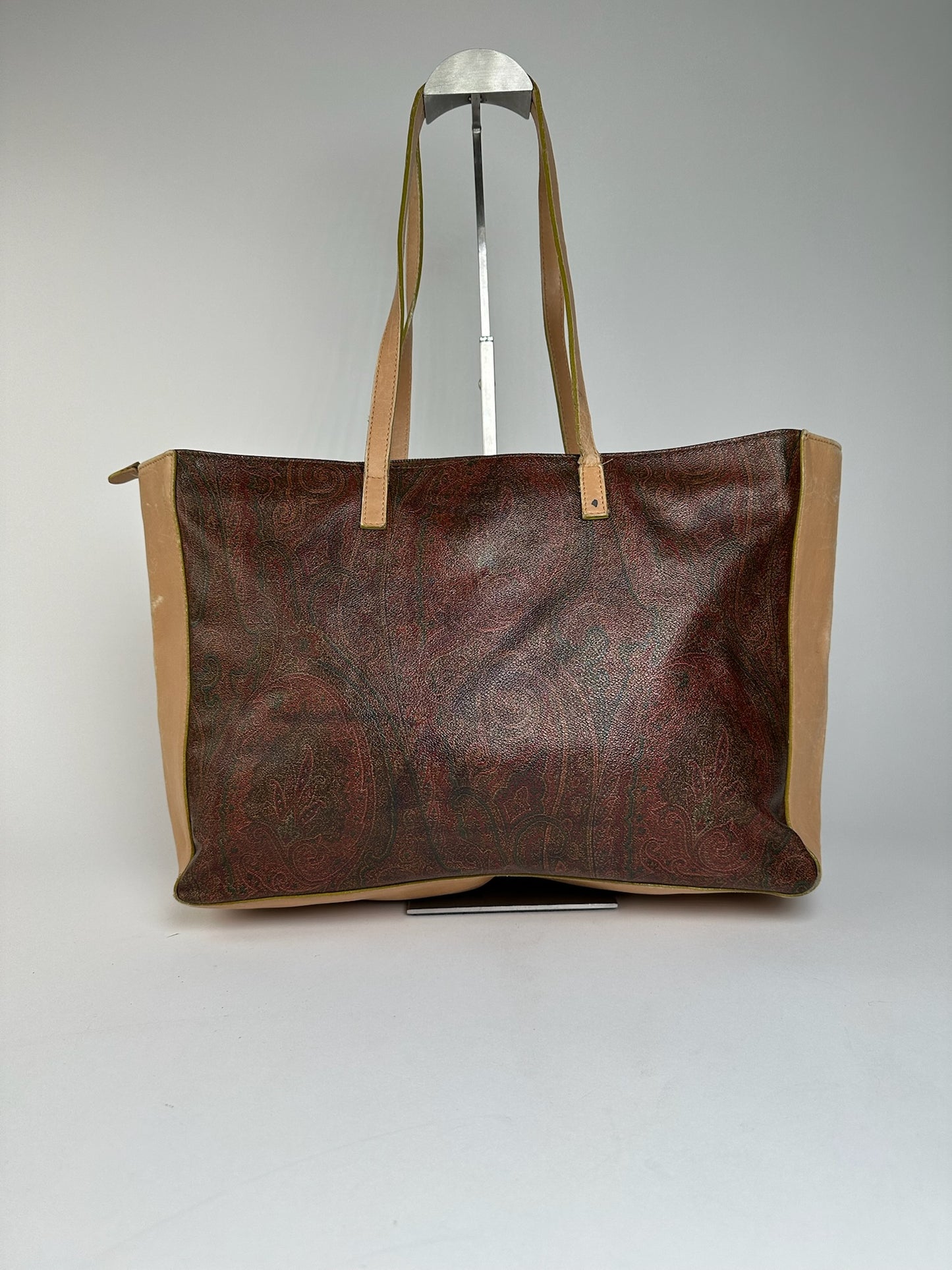 Vintage Etro Paisley Leather Tote Bag Brown Red beige
